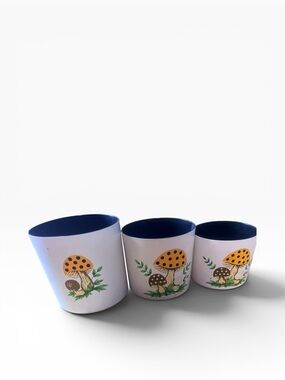Set of White Melmac  Mushroom Planters with Orange and Brown Design